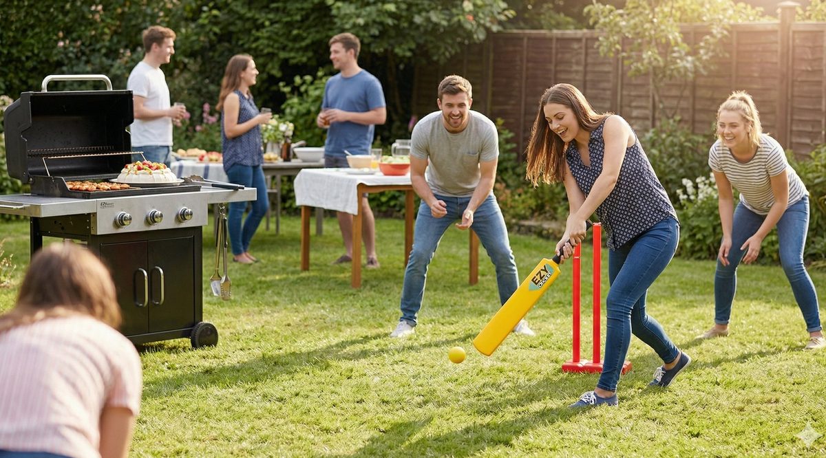 Backyard cricket and a barbecue at a summer get-together