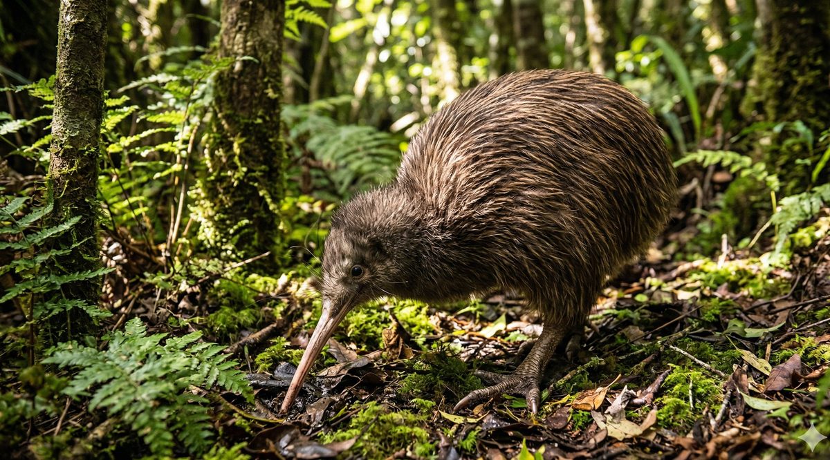 A kiwi bird foraging on the forest floor in New Zealand bush