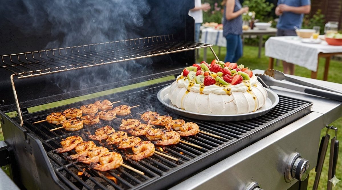 Prawns on the barbecue beside a fresh pavlova